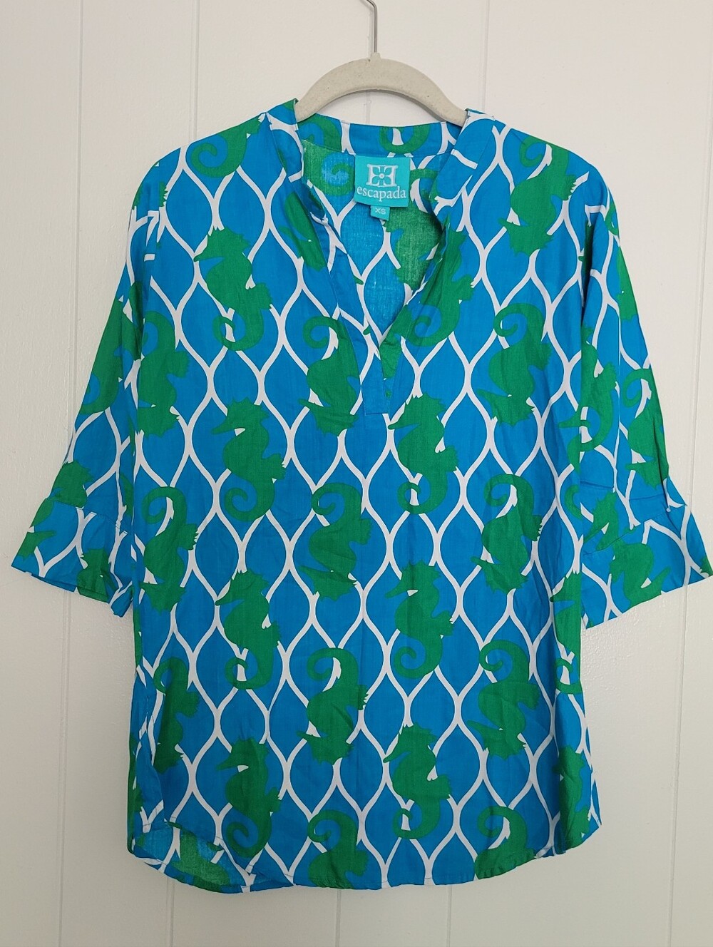SALE Escapada Seahorse Tunic Top Rayon Blue Green Tropical Resortwear Beach XS